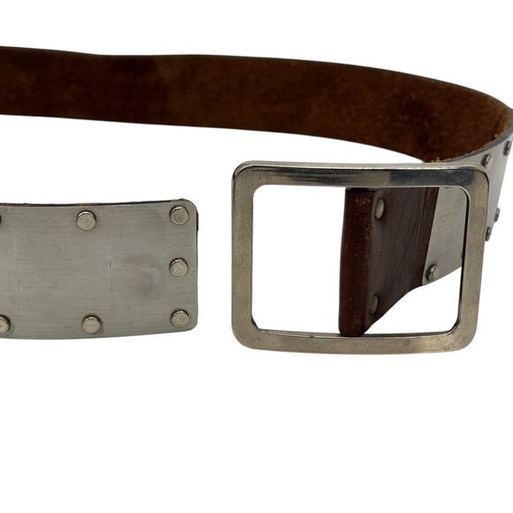 Rivet Metal Leather Belt Womens SZ 36 Brown Buckle Grunge Punk Rocker Cosplay